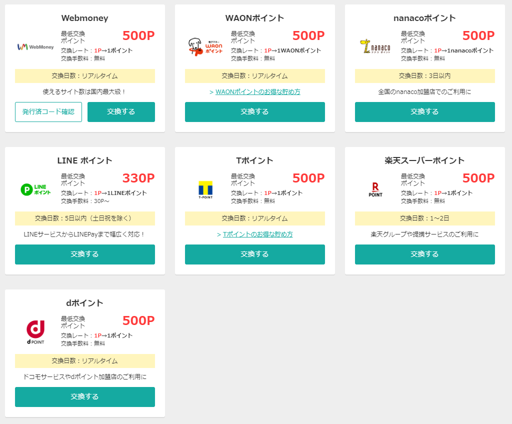 各ポイントサイトの換金手数料無料で交換できる交換先一覧 | ポイ活ポイントサイト一覧｜１番簡単な副業で副収入